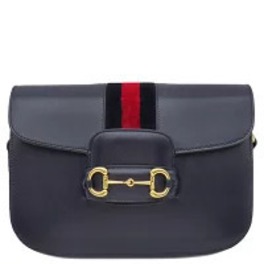 Gucci Shoulder Bag Horsebit Leather Navy Blue Red Sherry